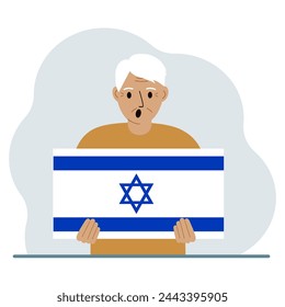 A old man holds the flag of Israel in his hands. The concept of demonstration, national holiday or patriotism. Nationality. Vector flat illustration