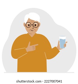 A old man holds a glass of water in his hand. The concept of water balance and health. Vector flat illustration