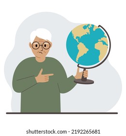 A old man holds a globe in his hand and points his finger at it. The concept of education, teacher, world conquest, ecology. Vector flat illustration