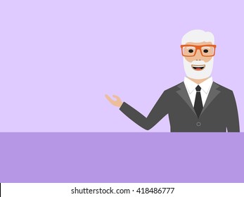 Old man holds the hand on a grey background