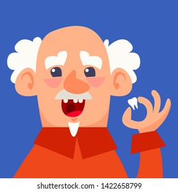 The old man holds in his hand a fallen tooth. Diseases of the elderly. Vector illustration in cartoon style.