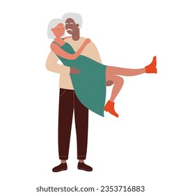 Old man holds his wife in arms. Couple cuddling moment, lovely partners vector illustration