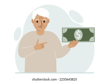 A old man holds a large paper bill in his hand. The concept of income, expense, earning or spending money. Vector flat illustration