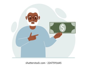 A old man holds a large paper bill in his hand. The concept of income, expense, earning or spending money. Vector flat illustration