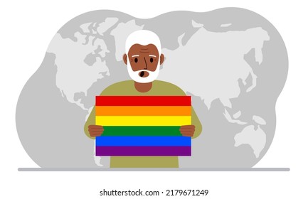 A old man holds an lgbt flag in his hands against the backdrop of a world map. Vector flat illustration.