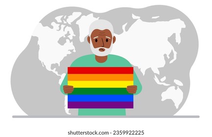 A old man holds an lgbt flag in his hands against the backdrop of a world map.