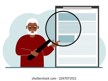 A old man holds a magnifying glass and examines a document, contract or agreement. The concept of a lawyer, businessman, or attorney at work. Vector flat illustration