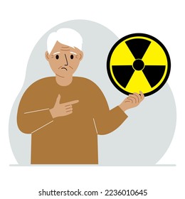 A old man holds a sign with a warning about nuclear danger. The concept of nuclear war, radiation, biohazard. Vector flat illustration