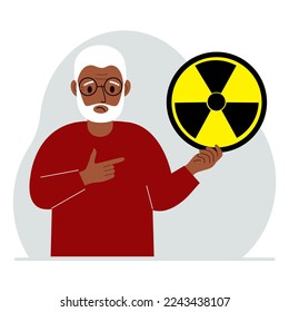 A old man holds a sign with a warning about nuclear danger. The concept of nuclear war, radiation, biohazard. Vector flat illustration