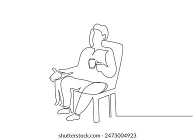 old man home coffee newspaper relax dog life one line art design vector