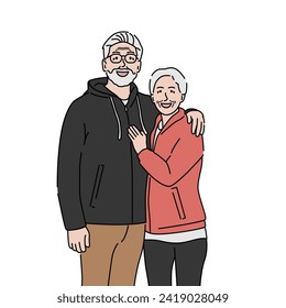 Old man with hoodie and glasses embracing his wife. Romantic relationship concept. Hand drawn vector illustration