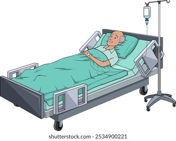 Old Man Hospital Bed Vetor, Cartoon Hospital Bed, Homem Velho, Ilustração do paciente