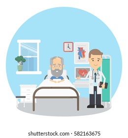 Old man in hospital with doctors gets first aid after heart attack.