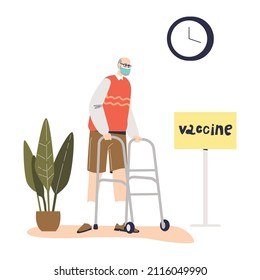 Old man in hospital get vaccinated for corona virus disease prevention. Senior male get covid-19 vaccine for illness immunization. Cartoon flat vector illustration