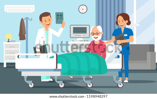 病室の老人のコンセプト 病院のベッドで休んでいる老男性患者 年配の人を訪ねる医師と看護師 医療医療 病院病棟セット ベクターフラットイラスト のベクター画像素材 ロイヤリティフリー
