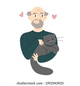 Der alte Mann umarmte seine Katze mit Vektorgrafik. Schön mutig Senior. Einzeln auf weißem Hintergrund