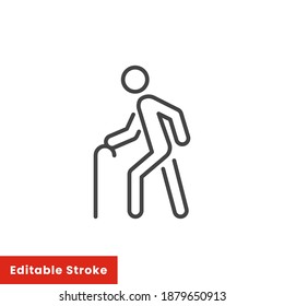 Old man icon, elder person with cane, senior generation, thin line web symbol on white background - editable stroke vector illustration eps10