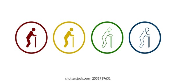 Old man icon, elder person with cane in different circle background.	