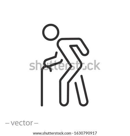 old man icon, elder person with cane, senior generation, thin line web symbol on white background - editable stroke vector illustration eps10