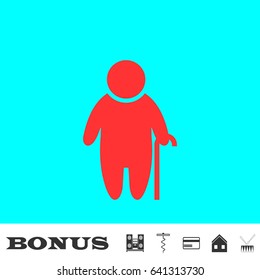 Old man icon flat. Red pictogram on blue background. Vector illustration symbol and bonus buttons Music center, corkscrew, credit card, house, drum