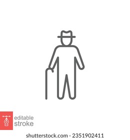 Old man icon. Simple outline style. Person with cane, stick, elder age, grandfather, senior people concept. Thin line symbol. Vector illustration isolated on white background. Editable stroke EPS 10.