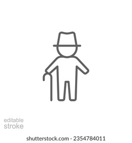 Icono de anciano. Estilo de contorno simple. Persona con bastón, palo, edad mayor, abuelo, concepto de adultos mayores. Símbolo de línea delgada. Ilustración vectorial aislada en fondo blanco. EPS de trazo editable 10.