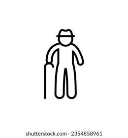 Alter Mann Symbol. Einfache Kontur. Person mit Stock, Stock, Alter, Großvater, Senioren Konzept. Dünnliniensymbol. Vektorgrafik einzeln auf weißem Hintergrund. EPS10.