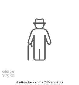 Old man icon. Simple outline style. Person with cane, stick, elder age, grandfather, senior people concept. Thin line symbol. Vector illustration isolated on white background. Editable stroke EPS 10.