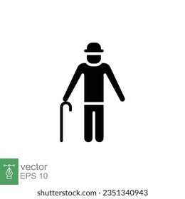 Old man icon. Simple solid style. Person with cane, stick, elder age, grandfather, senior people concept. Black silhouette, glyph symbol. Vector illustration isolated on white background. EPS 10.
