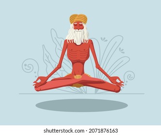 El anciano está practicando yoga. Persona en posición de loto. Adept está levitando en yoga básico asana. Ilustración del vector