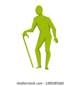 Old man isolated green figure with cane vector elderly person legs weakness disabled or injured solid stick to walk joint pain slow movement human male character silhouette with support tool.