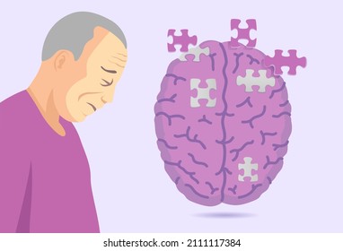 Old Man With Jigsaw Slip Out Of The Purple Brain. Illustration About Dementia Awareness Week In Senior People.