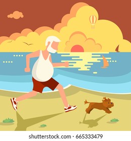The old man jogging with his dog on the sea beach. Flat Cartoon Character of pet and his owner. Colorful Vector Illustration eps 10