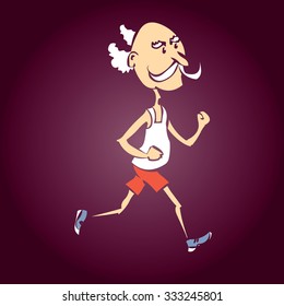Old man jogging in the park. Hand drawn cartoon vector illustration.
