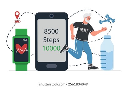 Old man jogging, sports on the background of smartwatch and smartphone. Sports fitness tracker concept. Gadgets and devices, modern technologies. Active lifestyle of elderly people. Flat vector illust