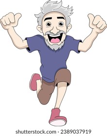 an old man was jumping happily and giving two thumbs up