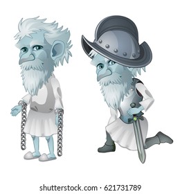 The old man a knight and a prisoner of the prison isolated on white background. Vector cartoon close-up illustration.