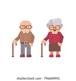 Old man and old lady flat character illustration. Grandfather and grandmother flat icon