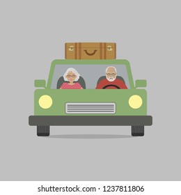 An old man and an old lady in a green car. Seniors couple going on holiday. There is a suitcase on the roof of the car. Vector illustration