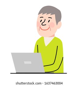 an old man with a laptop computer feeling happy