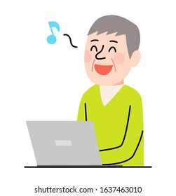 an old man with a laptop computer feeling happy