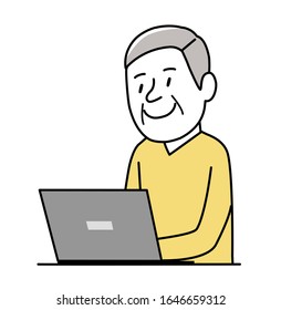 an old man with a laptop computer feeling happy