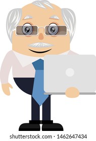 Viejo con portátil, ilustración, vector sobre fondo blanco.