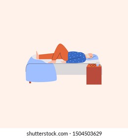 Old man laying on hid back in bed and can't sleep. Elderly person performing trouble sleeping. Flat vector illustration