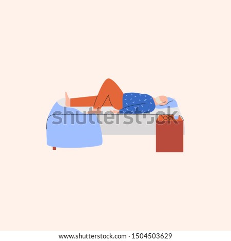Old man laying on hid back in bed and can't sleep. Elderly person performing trouble sleeping. Flat vector illustration