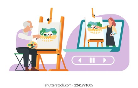 Old man learns to draw in online art studio. Grandfather painting picture at easel. Painter lesson broadcast. Video streaming. Senior person education. Artists course