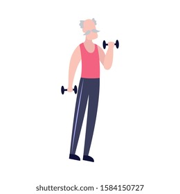 Old man lifting dumbbell weights - healthy workout session isolated on white background. Senior adult in sport clothes holding dumbbells - flat vector illustration.