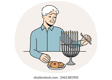 Old man lighting candles in menorah celebrating Jewish festival. Elderly male celebrate Hannukah. Tradition and religion. Vector illustration.