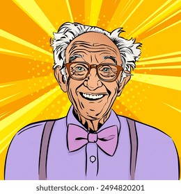 An old man in a lilac shirt with a bow tie smiling in amazement over rays background, comic pop art vector illustration