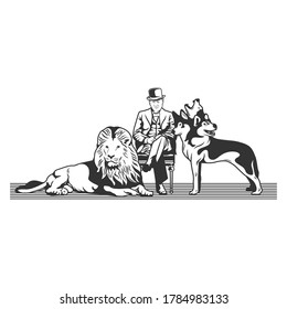 old man, lion and cereberus vector illustration